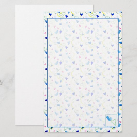 Waterverf Blauw Roze Gele Harten Briefpapier (Voorkant / Achterkant)