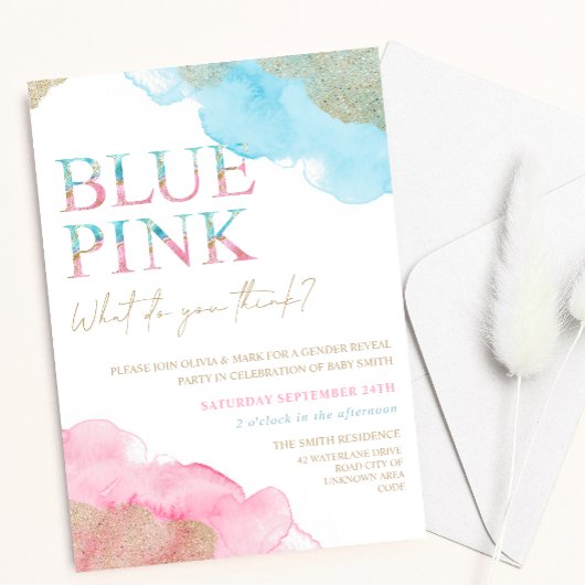 Waterverf Blauw Roze Glitter Gender onthulling Kaart
