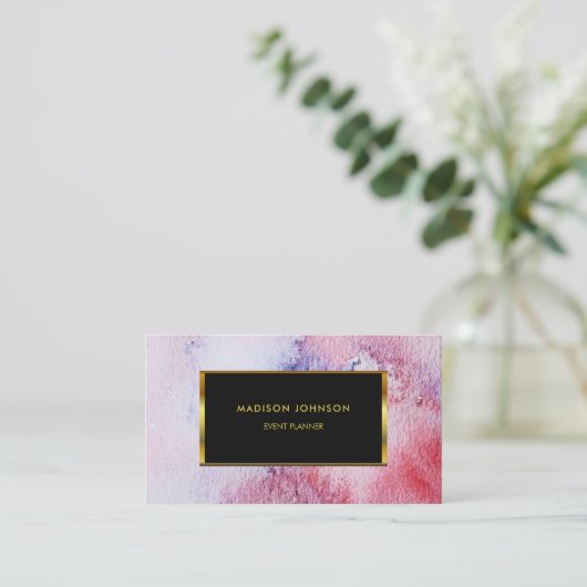 Waterverf blauw roze goudkleurig lijst visitekaartje (Staand voorkant)