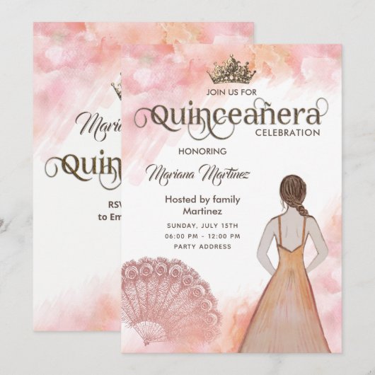 Waterverf blauw roze hand fan tiara Quince Kaart (Voorkant / Achterkant)