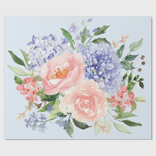 Waterverf Blauw Roze Hydrangea Peony Spring Floral Cadeaupapier (Vlak)