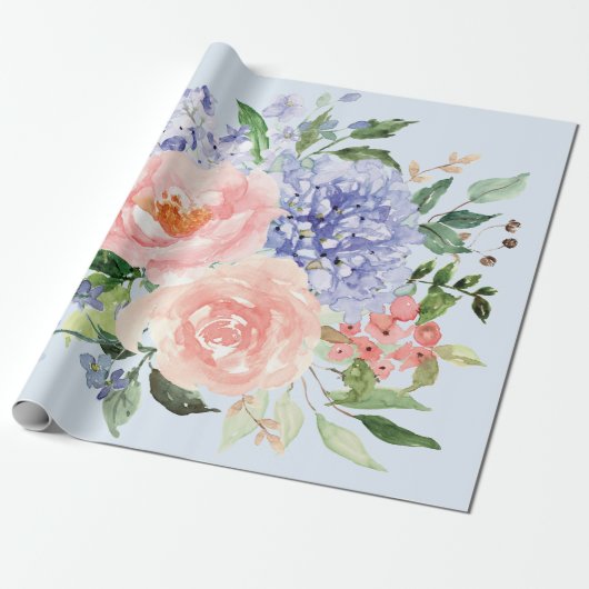 Waterverf Blauw Roze Hydrangea Peony Spring Floral Cadeaupapier (Uitgerold)