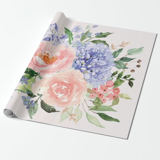 Waterverf Blauw Roze Hydrangea Peony Spring Floral Cadeaupapier (Uitgerold)