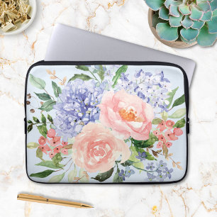Waterverf Blauw Roze Hydrangea Peony Spring Floral Laptop Sleeve