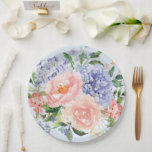 Waterverf Blauw Roze Hydrangea Peony Spring Floral Papieren Bordje<br><div class="desc">Introductie van onze Monogrammed Waterverf Floral Paper-Borden - ervaar de charme van blauwe hortensia,  roze pioen en roos in zachte pastels. Verhoog uw eetkamer met een vleugje lente en botanische elegantie!</div>