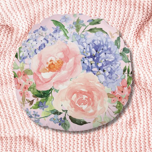 Waterverf Blauw Roze Hydrangea Peony Spring Floral Rond Kussen