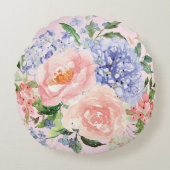 Waterverf Blauw Roze Hydrangea Peony Spring Floral Rond Kussen (Voorkant)