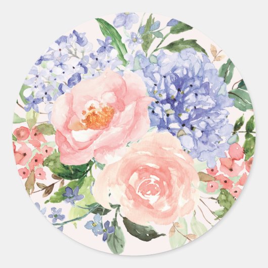 Waterverf Blauw Roze Hydrangea Peony Spring Floral Ronde Sticker (Voorkant)