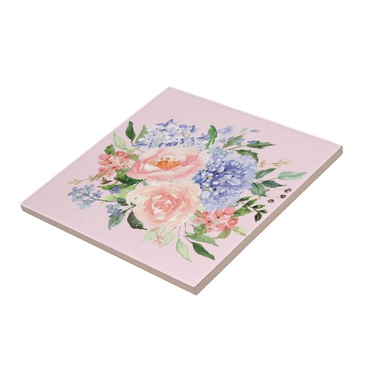 Waterverf Blauw Roze Hydrangea Peony Spring Floral Tegeltje (Zijkant)