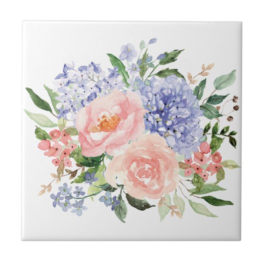 Waterverf Blauw Roze Hydrangea Peony Spring Floral Tegeltje (Voorkant)