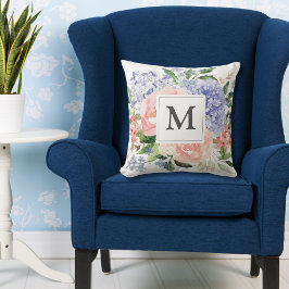 Waterverf Blauw Roze Lente Bloemen met Monogram Kussen
