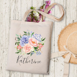 Waterverf Blauw Roze Lente Bloemen met Monogram Tote Bag