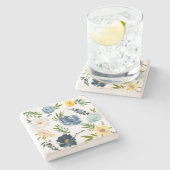 Waterverf Blauw Roze Rozenpatroon Stenen Onderzetter (Zijkant)