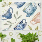 waterverf blauw roze theekopjes motief theedoek (Gevouwen)