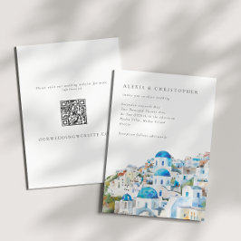 Waterverf Blauw Santorini QR Code Huwelijk Kaart
