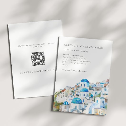 Waterverf Blauw Santorini QR Code Huwelijk Kaart