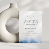 waterverf blauw script eerst holy communie kaart