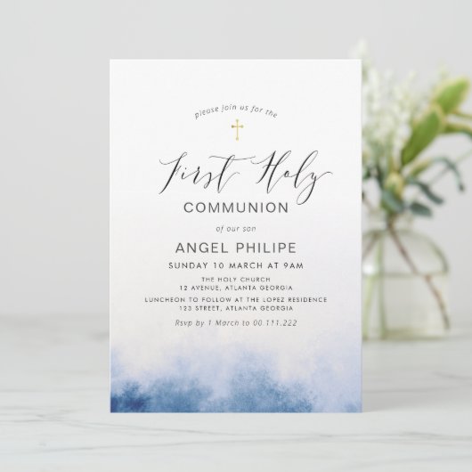 waterverf blauw script eerst holy communie kaart (Staand voorkant)