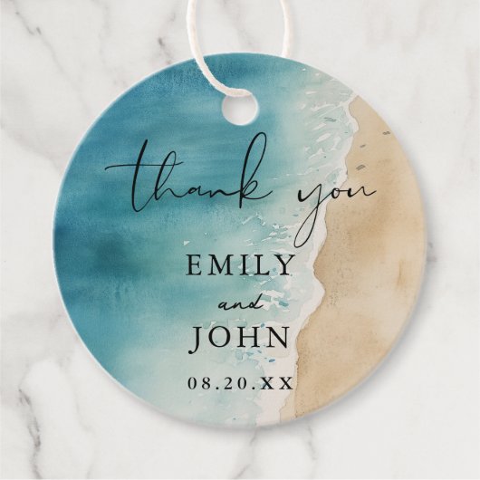 Waterverf Blauw Strand Bruiloft Bedankjes Labels (Voorkant)