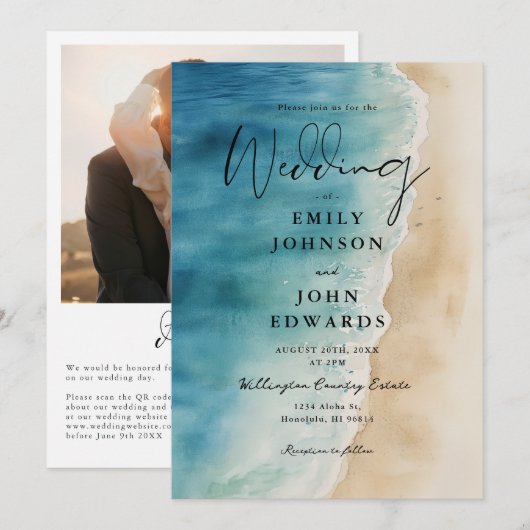 Waterverf Blauw Strand Bruiloft QR Code Huwelijk Kaart (Voorkant / Achterkant)