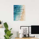 Waterverf Blauw Strand Bruiloft Welkomstbord Poster (Thuiskantoor)