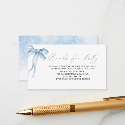 Waterverf blauw strikje baby shower boeken voor B Informatiekaartje (Voorkant / Achterkant in situ)