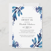 Waterverf blauw Sweet 16. Floral 16e verjaardag Kaart (Voorkant)