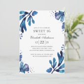Waterverf blauw Sweet 16. Floral 16e verjaardag Kaart (Staand voorkant)