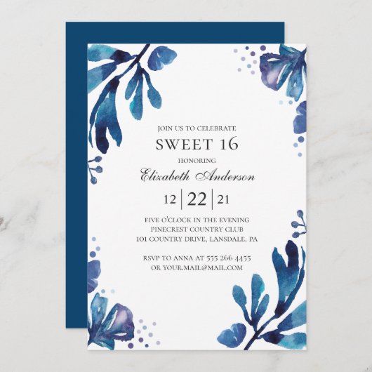 Waterverf blauw Sweet 16. Floral 16e verjaardag Kaart (Voorkant / Achterkant)