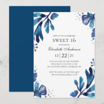 Waterverf blauw Sweet 16. Floral 16e verjaardag