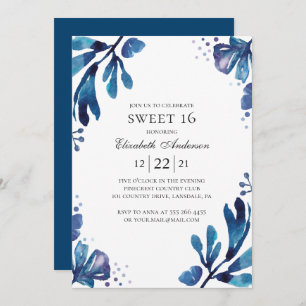 Waterverf blauw Sweet 16. Floral 16e verjaardag Kaart
