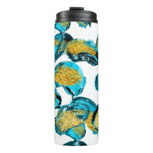 Waterverf blauw, turkoois, gouden kunst. thermosbeker