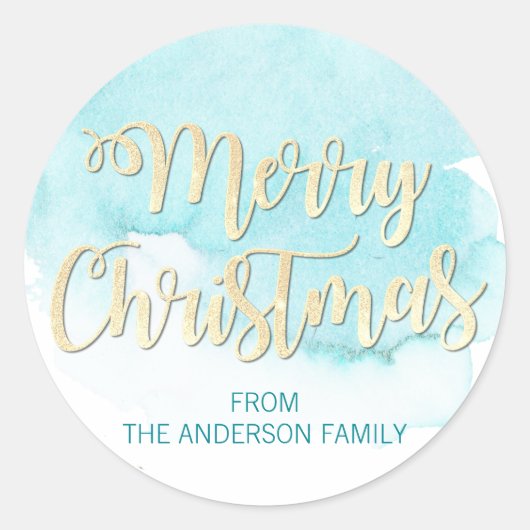 Waterverf Blauw Turquoise Goud Glitter Kerst Ronde Sticker (Voorkant)