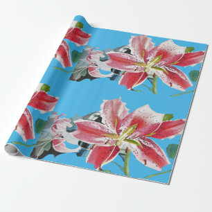 Waterverf Blauw van rode roze Lily Flower Floral Cadeaupapier
