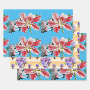 Waterverf Blauw van rode roze Lily Flower Floral Inpakpapier Vel