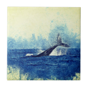 waterverf, blauw van walvis uit de oceaan tegeltje