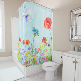 waterverf blauw van wilde bloemen papaverweide vli douchegordijn