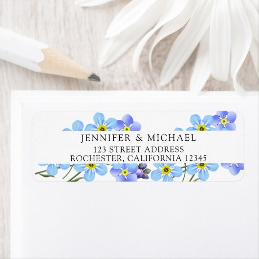 Waterverf blauw vergeet me niet bloemenretour etiket (Insitu)