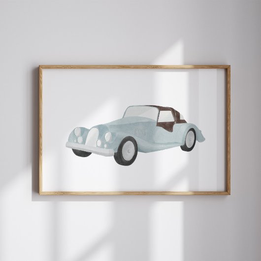 Waterverf blauw vintage auto poster