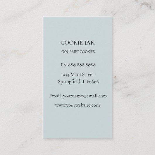 Waterverf blauw visitekaartje van koekjesbakkerij (Achterkant)