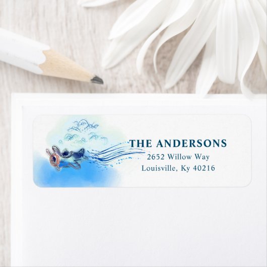 Waterverf  blauw vliegtuig wolken etiket (Insitu)