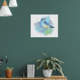 Waterverf Blauw Vogeltje Mooie Blauwe Tuinvogel Po Poster