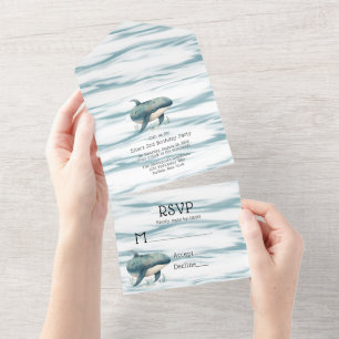 Waterverf Blauw Walvis Jongen Baby Shower All In One Uitnodiging