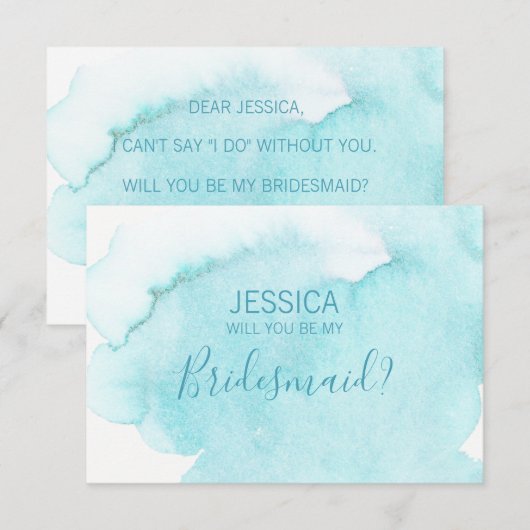 Waterverf Blauw Water Wil je mijn bruidsmeisje zij Kaart (Voorkant / Achterkant)