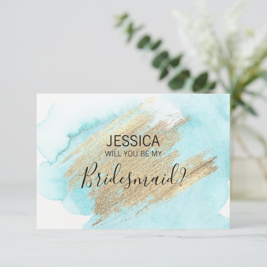Waterverf Blauw Water Wil je mijn bruidsmeisje zij Kaart (Staand voorkant)