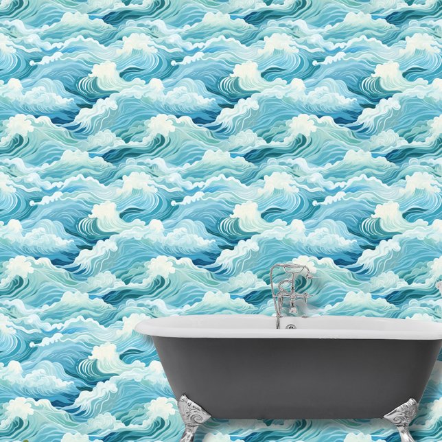 Waterverf Blauw Wit Abstract Zee Golven Kust Behang (Creator heeft geüpload)