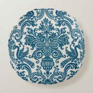 Waterverf Blauw & Wit Bloemen  Patroon Rond Kussen