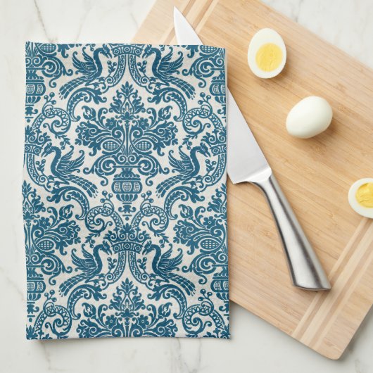 Waterverf Blauw & Wit Bloemen  Patroon Theedoek (Quarter Fold)