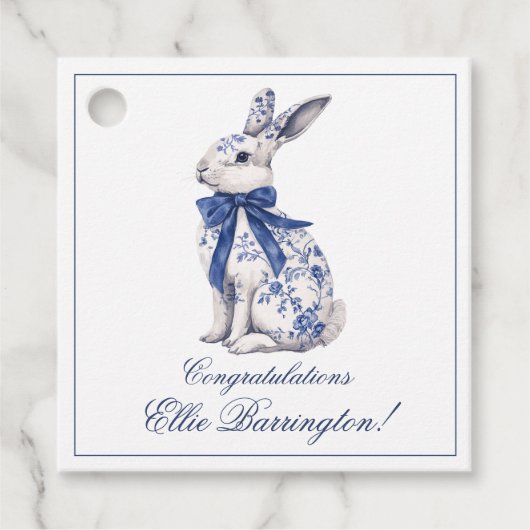 Waterverf Blauw & Wit Chinoiserie Bunny Rabbit Bedankjes Labels (Voorkant)