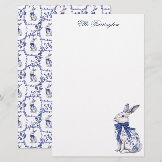 Waterverf Blauw & Wit Chinoiserie Bunny Rabbit Briefpapier (Voorkant / Achterkant)